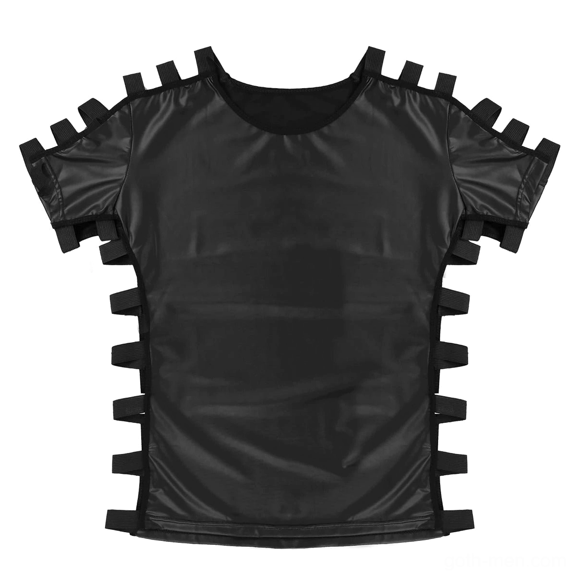Flat lay top-down view of men's gothic leather t-shirt showing elastic strap trim details on sleeves and sides