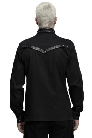 Gothic cyber shirt rear view displaying chevron faux leather trim and architectural back design