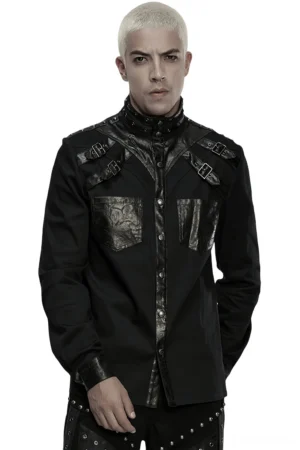 Black industrial gothic buckled cyber shirt front view on model, showing faux leather shoulder straps and studded accents