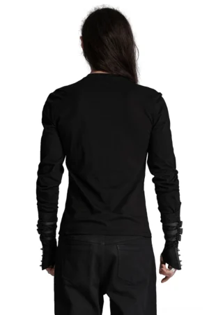 Black gothic cyberpunk armor sweatshirt rear view showing fitted silhouette and shoulder armor accents