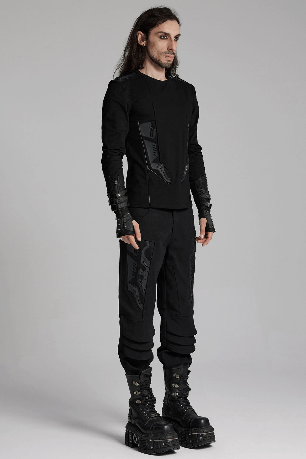 Black gothic cyberpunk armor sweatshirt care instructions and fabric composition details