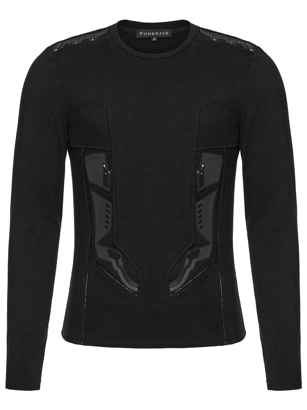 Black gothic cyberpunk armor sweatshirt front flat lay view with crew neck and torso cyber armor patches