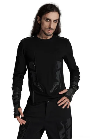 Black gothic cyberpunk armor sweatshirt front view on male model with tactical torso plating and industrial details