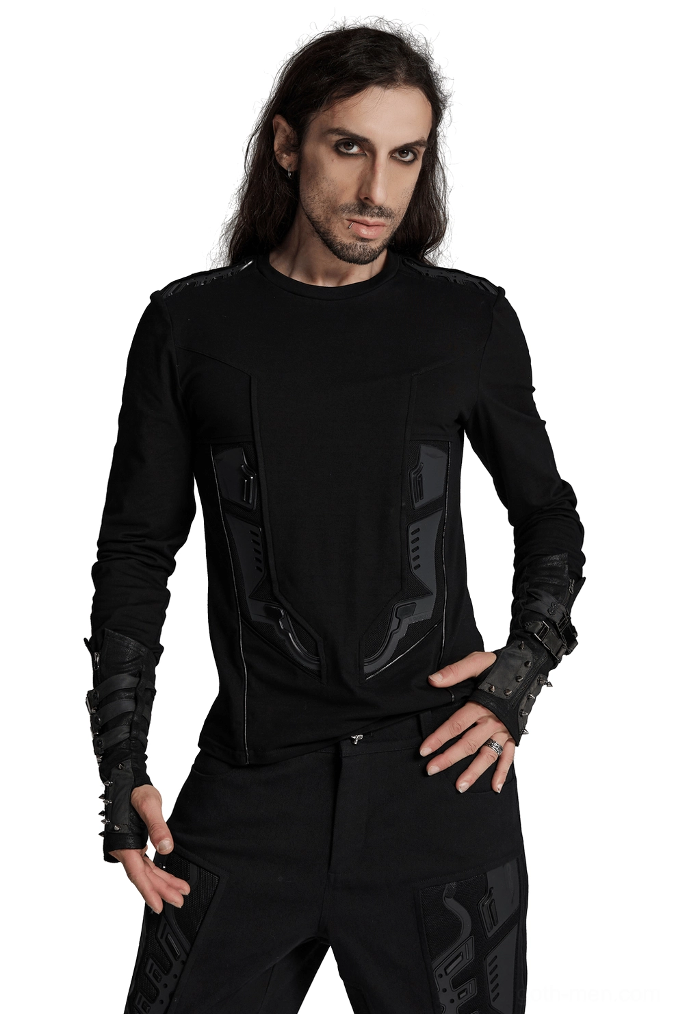 Black gothic cyberpunk armor sweatshirt front view on male model with tactical torso plating and industrial details