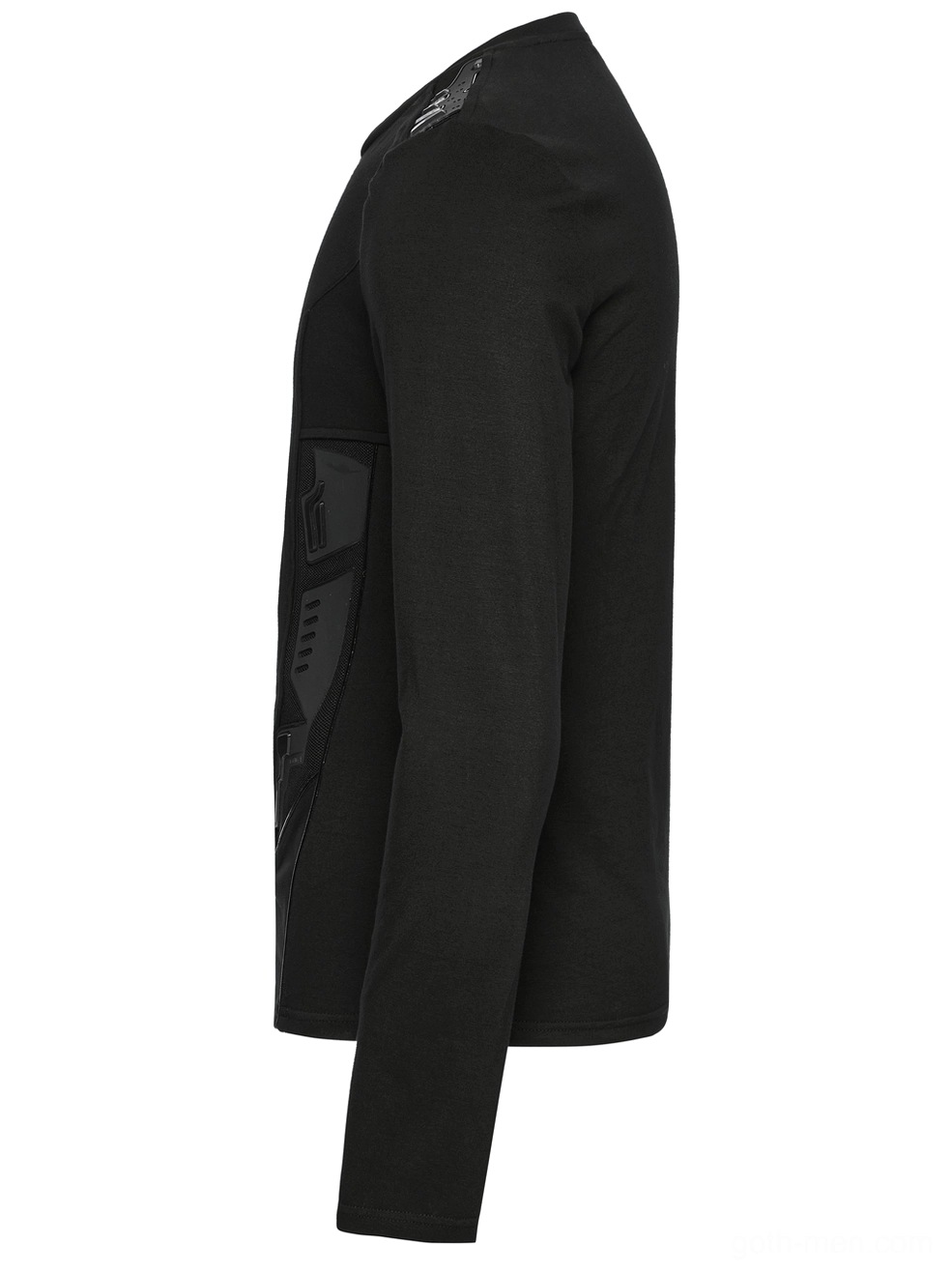 Black gothic cyberpunk armor sweatshirt side profile showing fitted sleeves and shoulder armor detailing