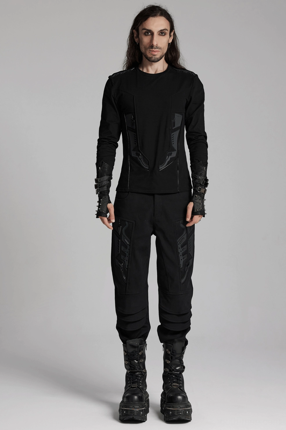 Black gothic cyberpunk armor sweatshirt size guide showing measurement points and fitting specifications