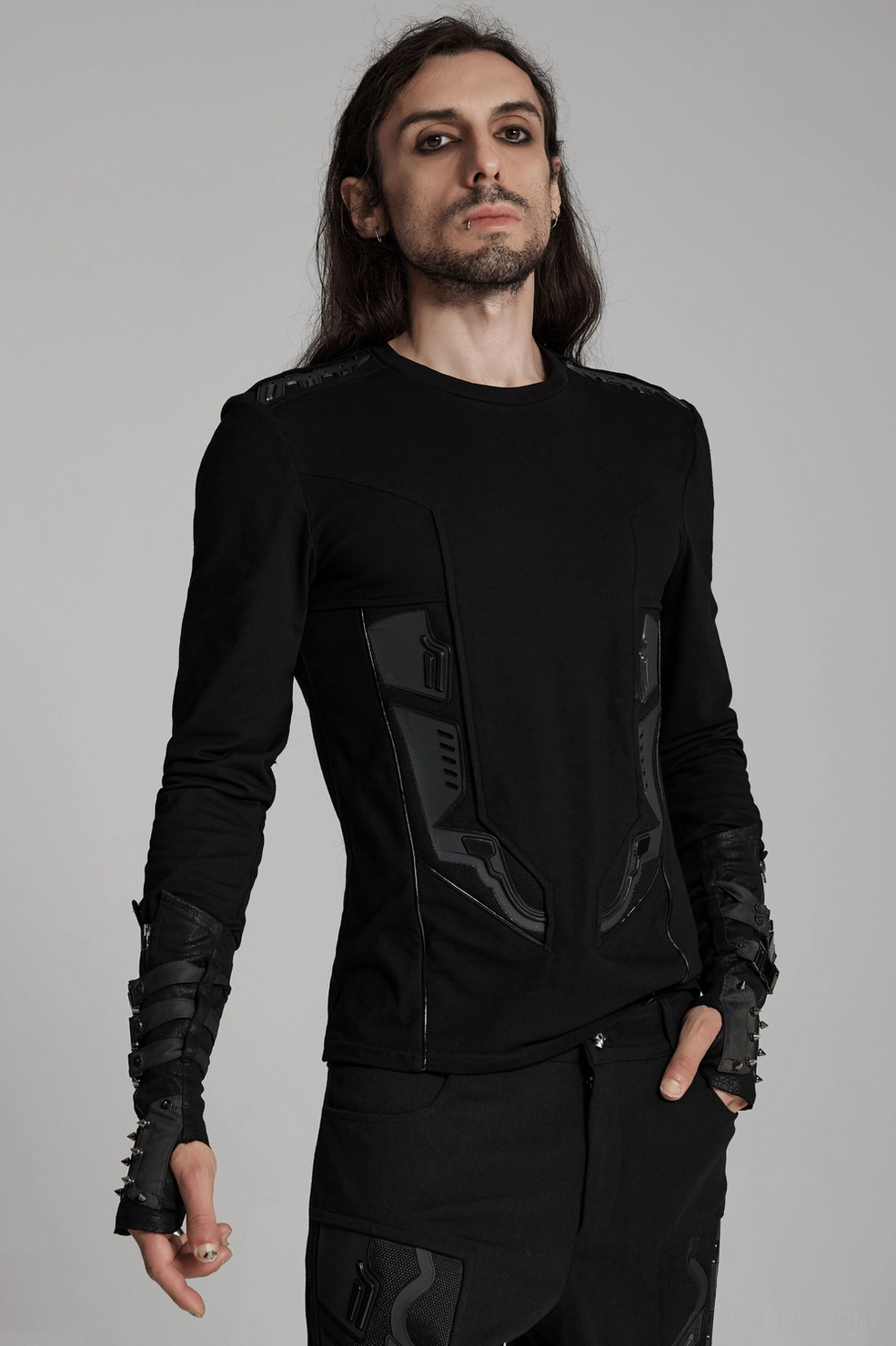 Black gothic cyberpunk armor sweatshirt lifestyle styling with alternative fashion accessories and chains