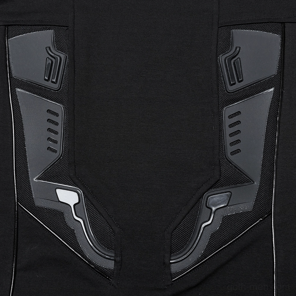 Close-up of front torso cyber armor plating showing mixed glossy and matte futuristic texture