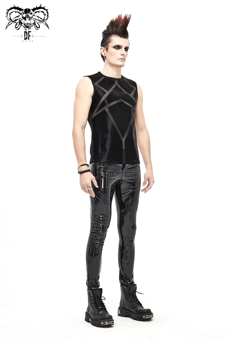 Black glossy PU leather cyberpunk pants showing full silhouette and circuit pattern design