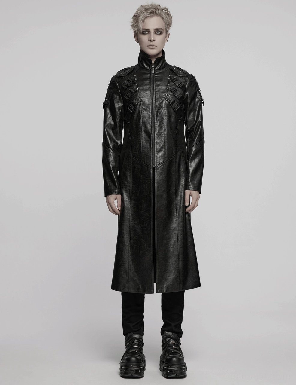 Gothic faux leather cyberpunk trench coat structured detail - metal buckles and segmented design