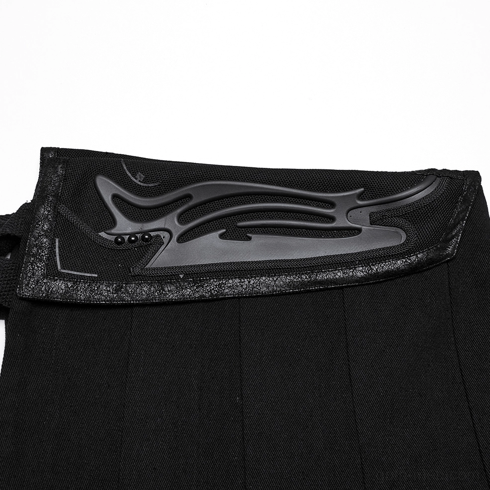 Close-up detail of cyberpunk 3D embossed waist pouch with futuristic geometric pattern and leather-trim border