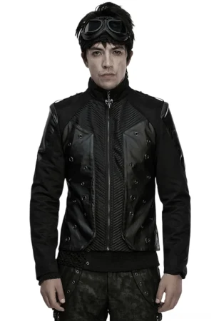 Men's gothic cyberpunk eyelet jacket front view - black suede and twill with metal grommets and structured stand collar