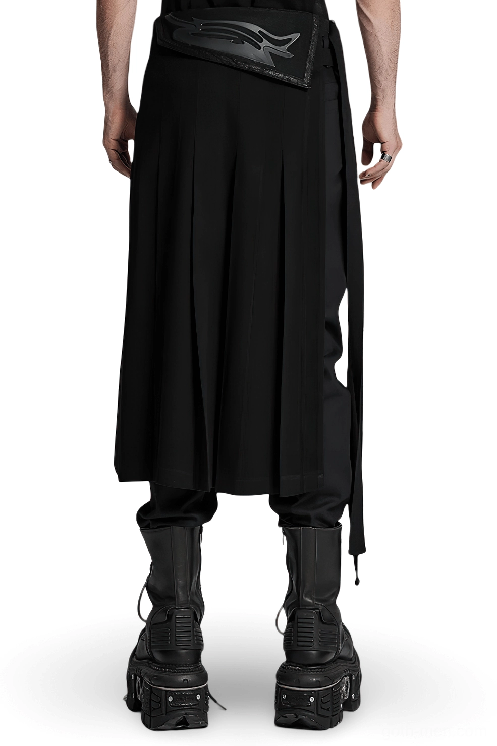 Black gothic pleated skirt with extended side straps and decorative waist buckles, rear full-body view on male model