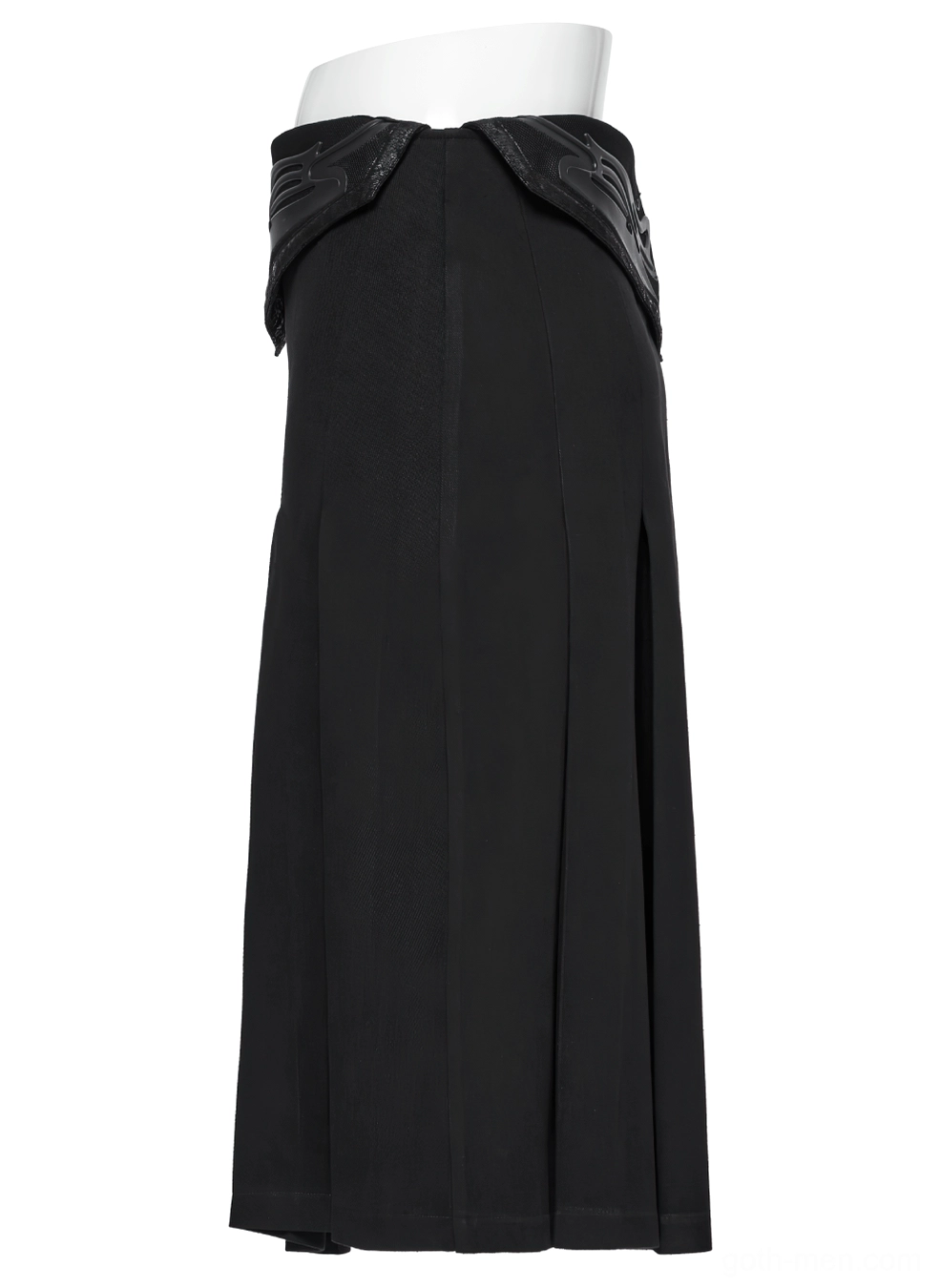 Black gothic pleated half skirt displayed on dress form, rear view showing structured waist panels and pleating