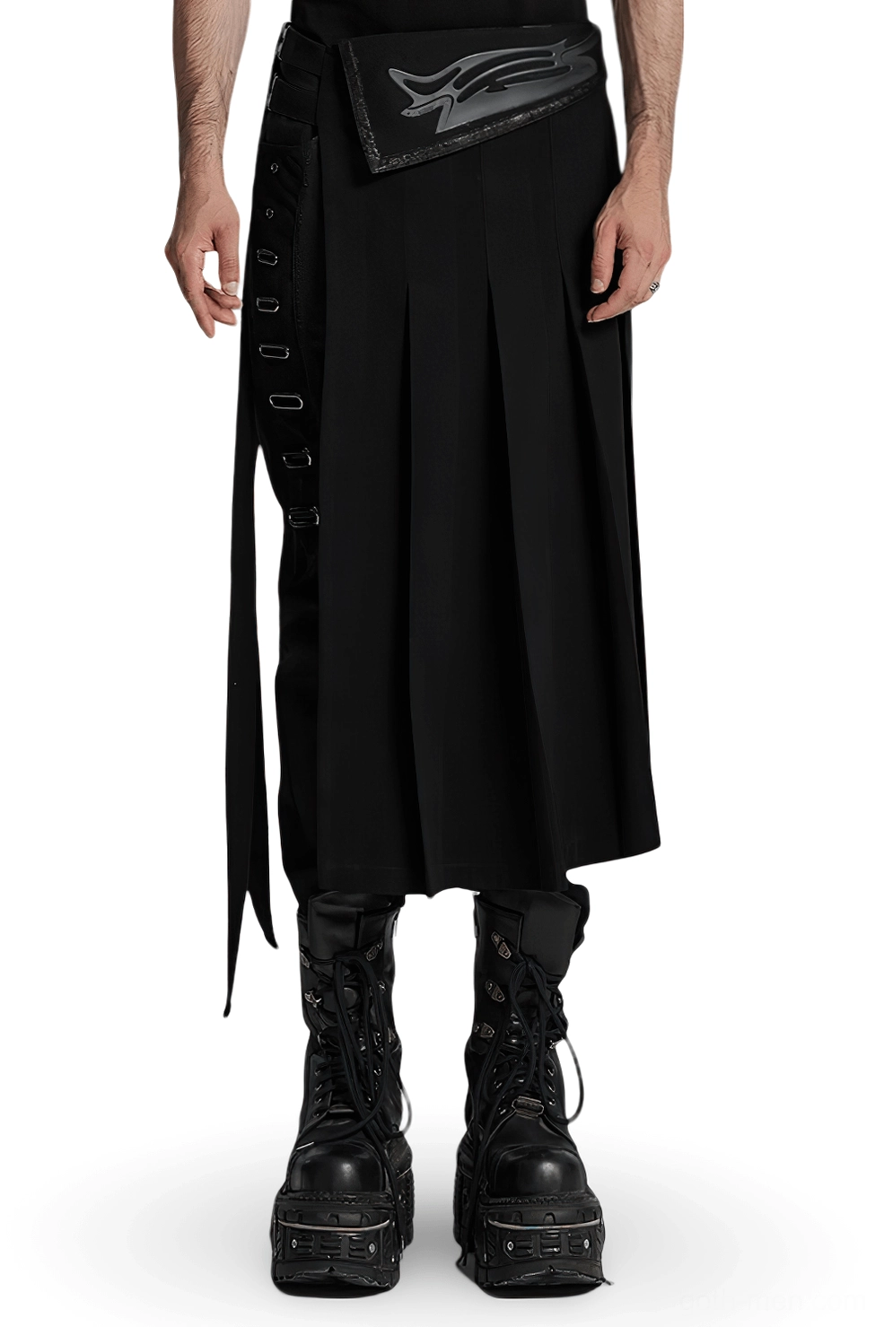 Black gothic pleated half skirt with cyberpunk 3D embossed waist design, front full-body view on male model