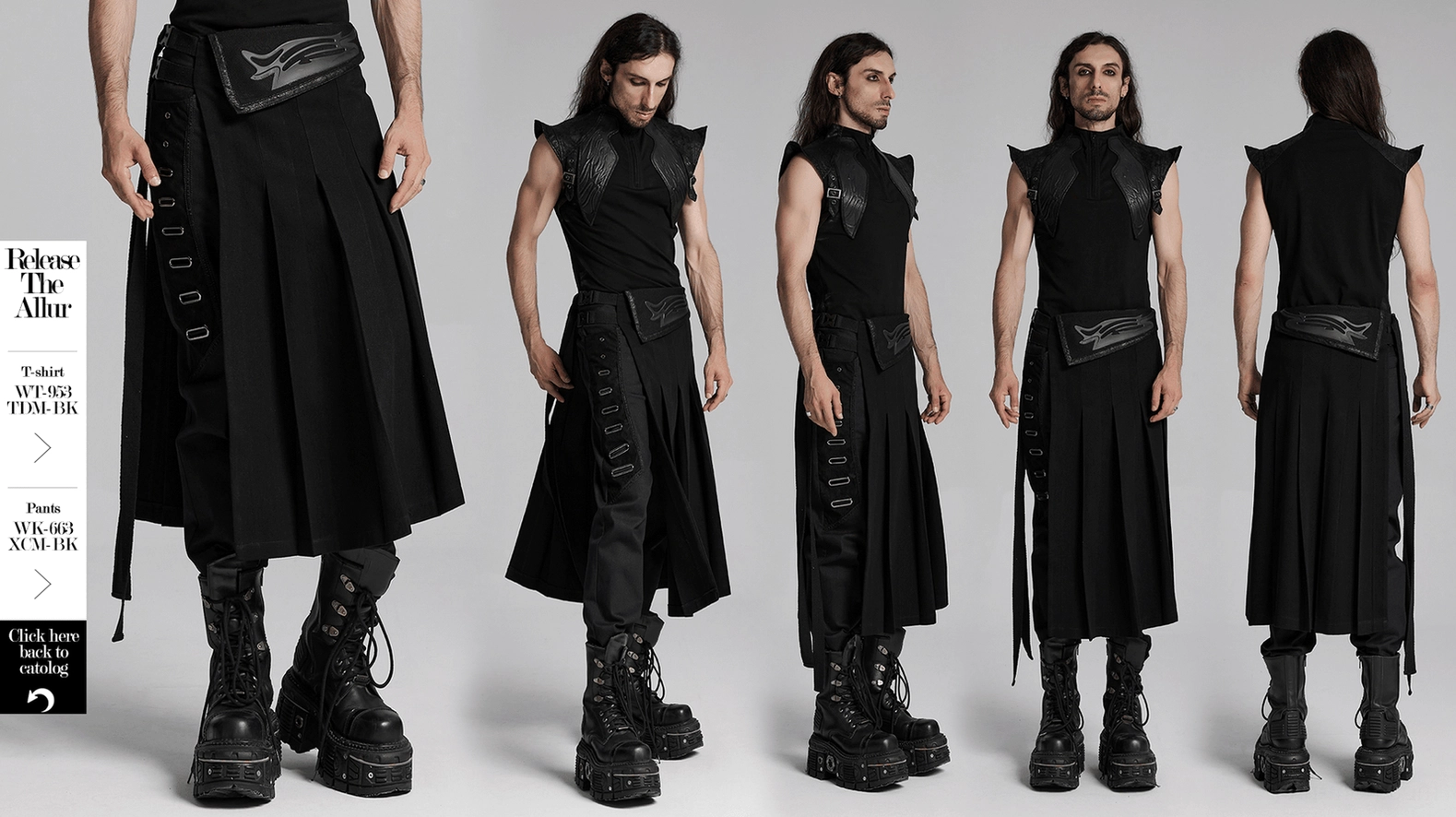 Black gothic pleated half skirt hero shot showcasing cyberpunk 3D waist design and alternative fashion aesthetic