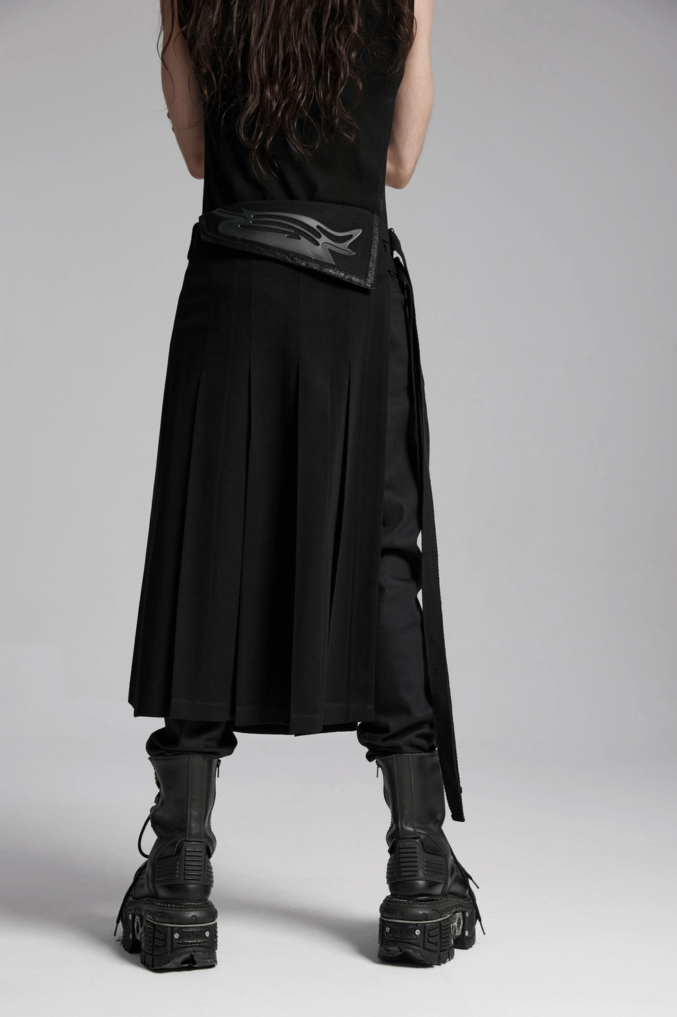 Black gothic cyberpunk half skirt showing white side stripe accent and overall aesthetic design