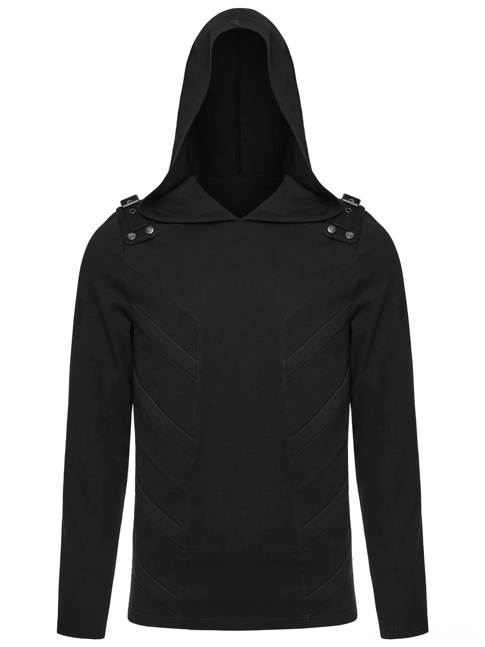 Black gothic hooded top 3D chest panel detail - front flat lay showing diagonal stitched quilted panels