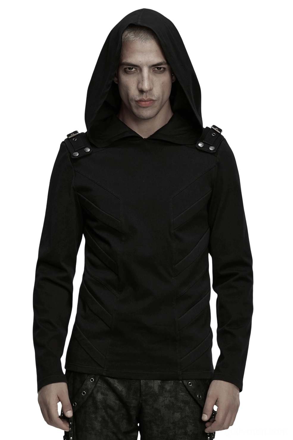 Men's black gothic cyberpunk hooded top with 3D chest panels and shoulder buckles - front full body view