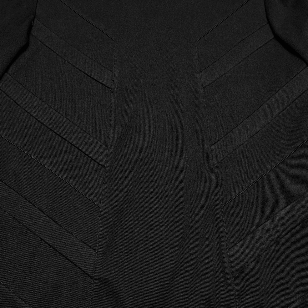 3D stitched diagonal panel detail on black gothic cyberpunk hooded top chest area