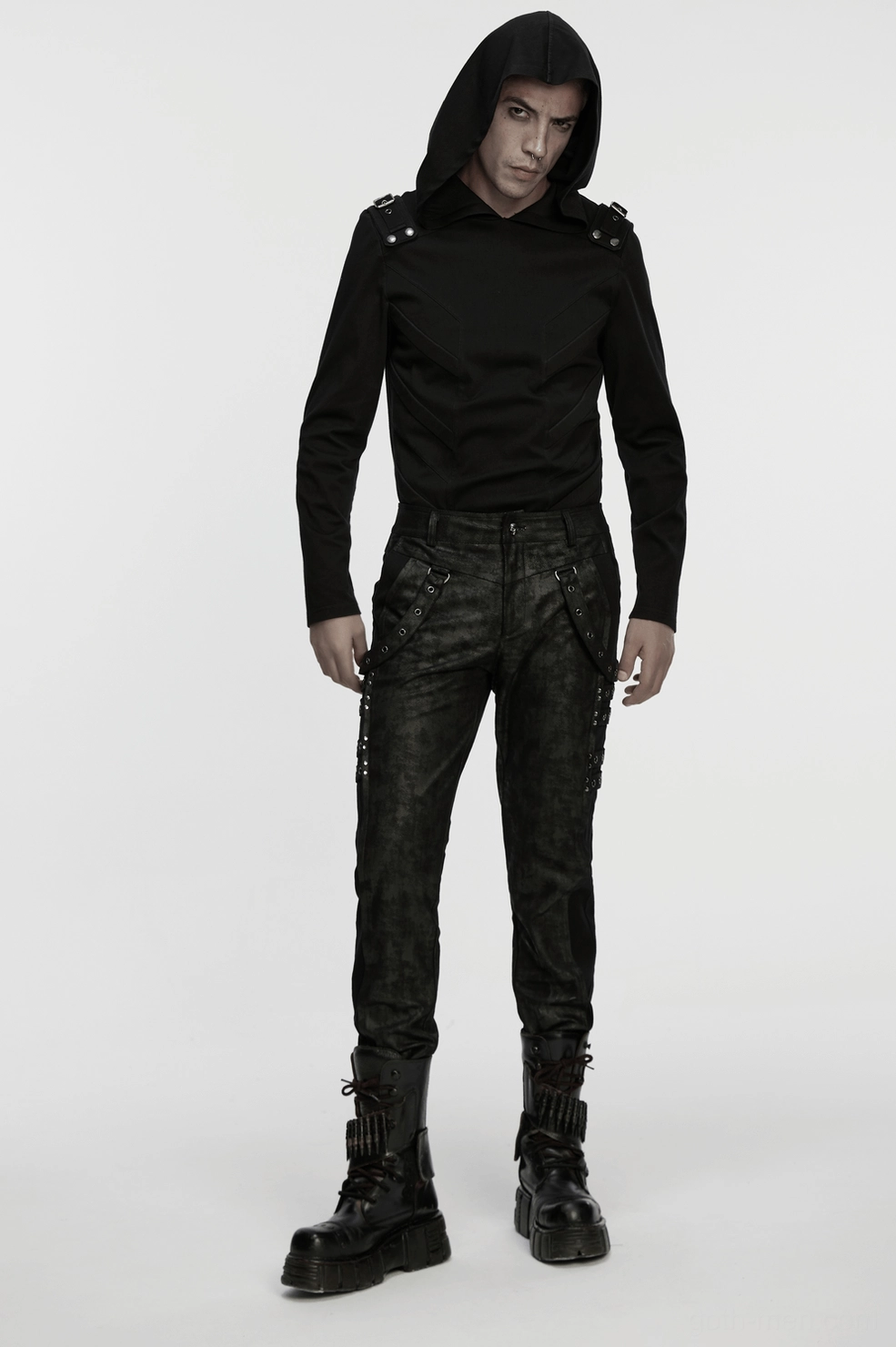 Men's black gothic cyberpunk hooded top complete garment overview - 3D panels and hardware details