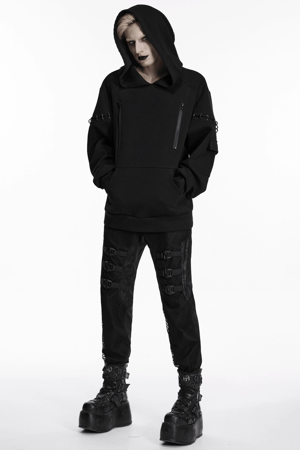 Detail view of black gothic cyberpunk hoodie with mesh overlay and metal sleeve accents
