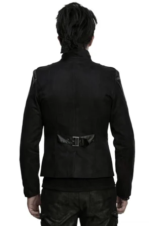Men's gothic cyberpunk jacket rear view - fitted silhouette with back waist adjustment strap and buckle detail
