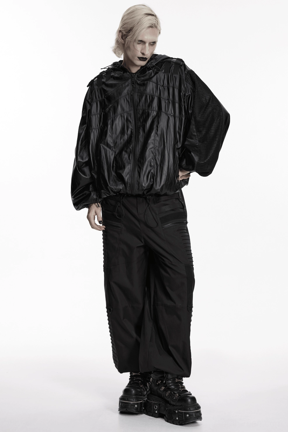 Black cyberpunk mesh jacket with gothic aesthetic and industrial webbing design