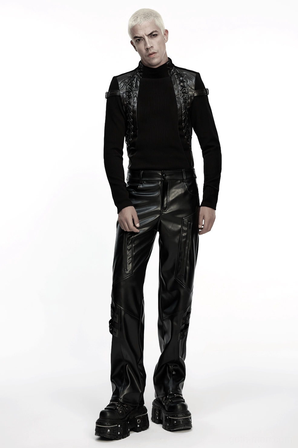 Black gothic cyberpunk pants oversized pocket design and strap details showcase