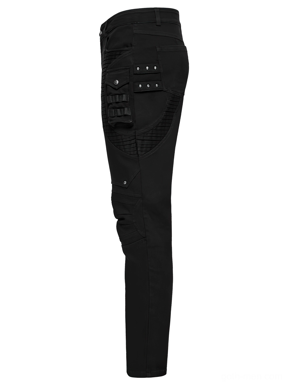 Black gothic cyberpunk pants side view highlighting accordion pleats and webbing strap details