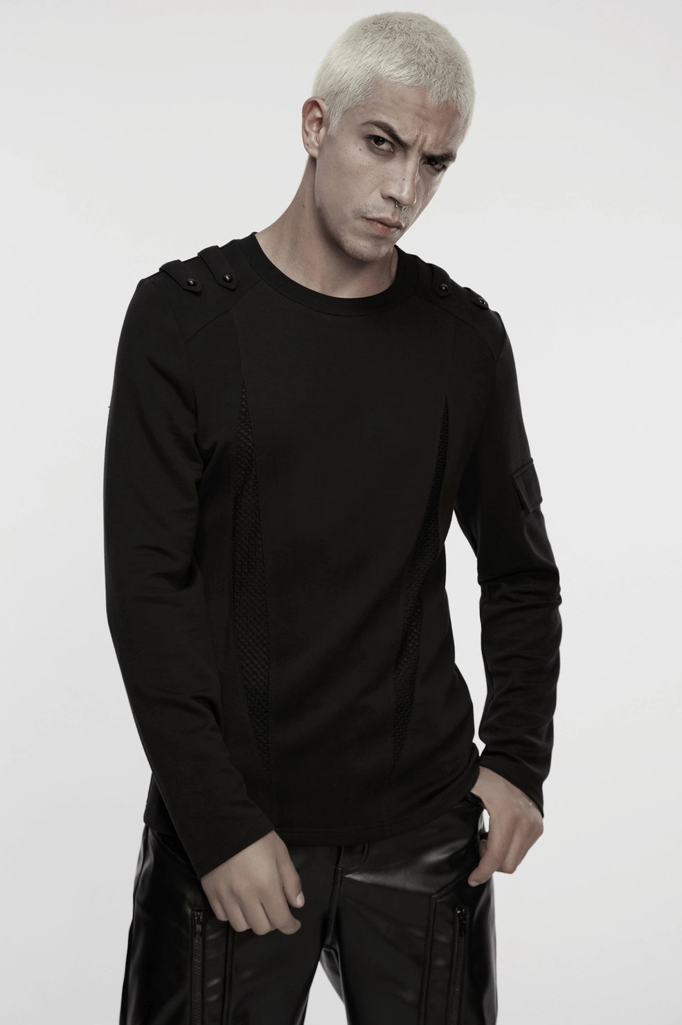 Black gothic mesh long-sleeve top styling inspiration paired with alternative fashion accessories