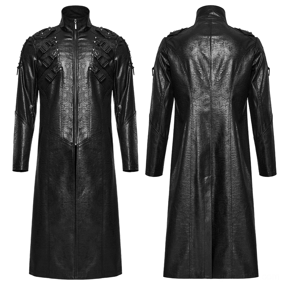 Black faux leather cyberpunk trench coat front flat lay - studded hardware and central zipper detail