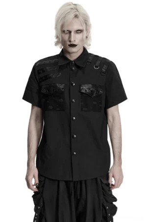 Black gothic D-ring harness shirt front view on male model - industrial punk aesthetic with mesh panels