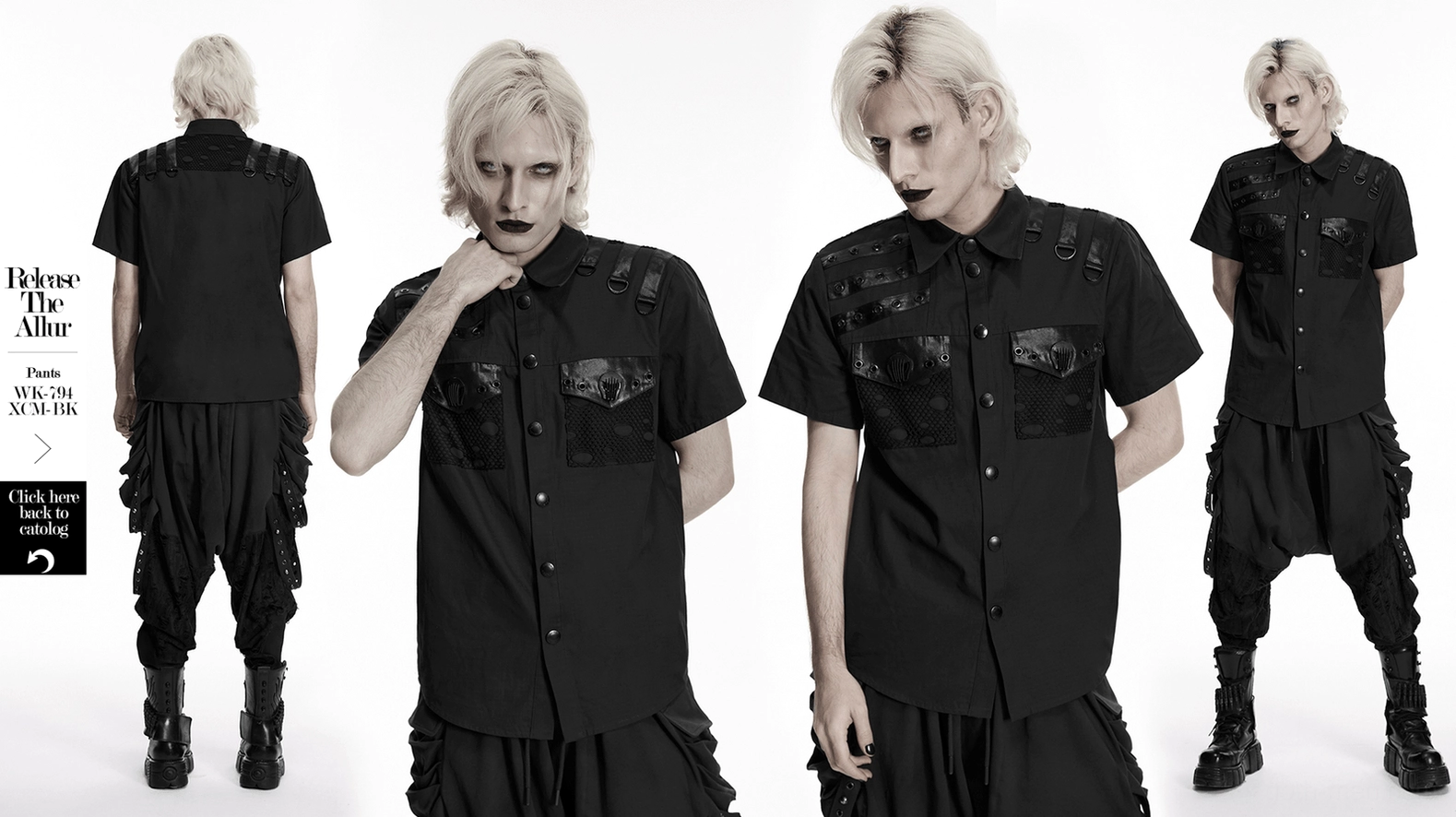 Black gothic D-ring harness shirt product lifestyle - industrial punk aesthetic in action