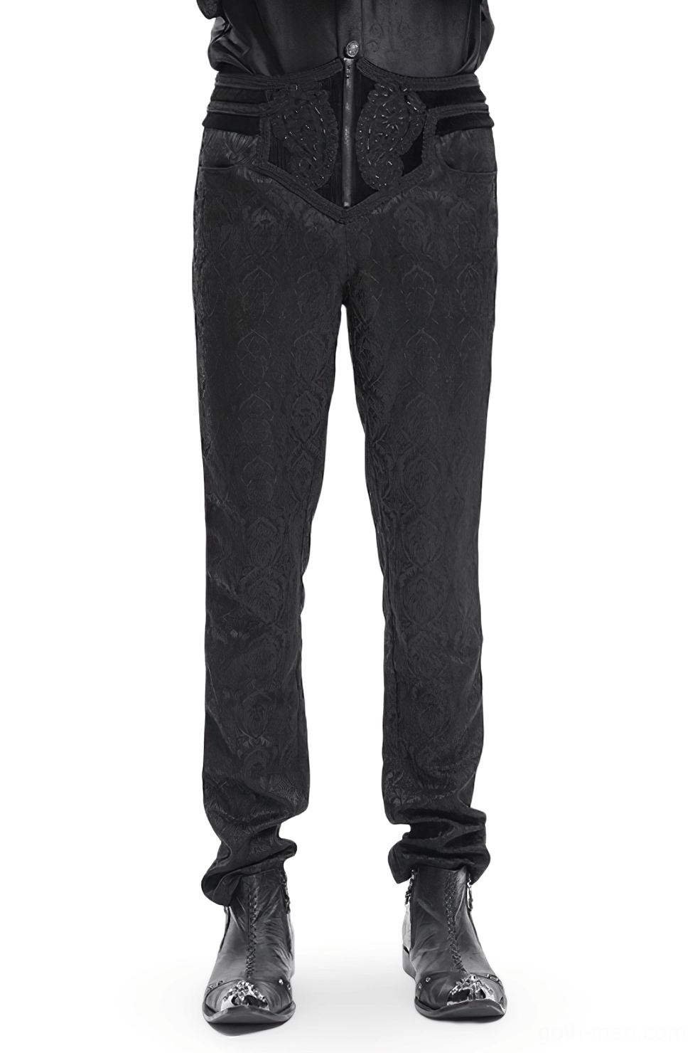 Black Gothic damask embossed slim-fit pants front view, male model wearing black high-waist pants with intricate damask pattern on white studio background
