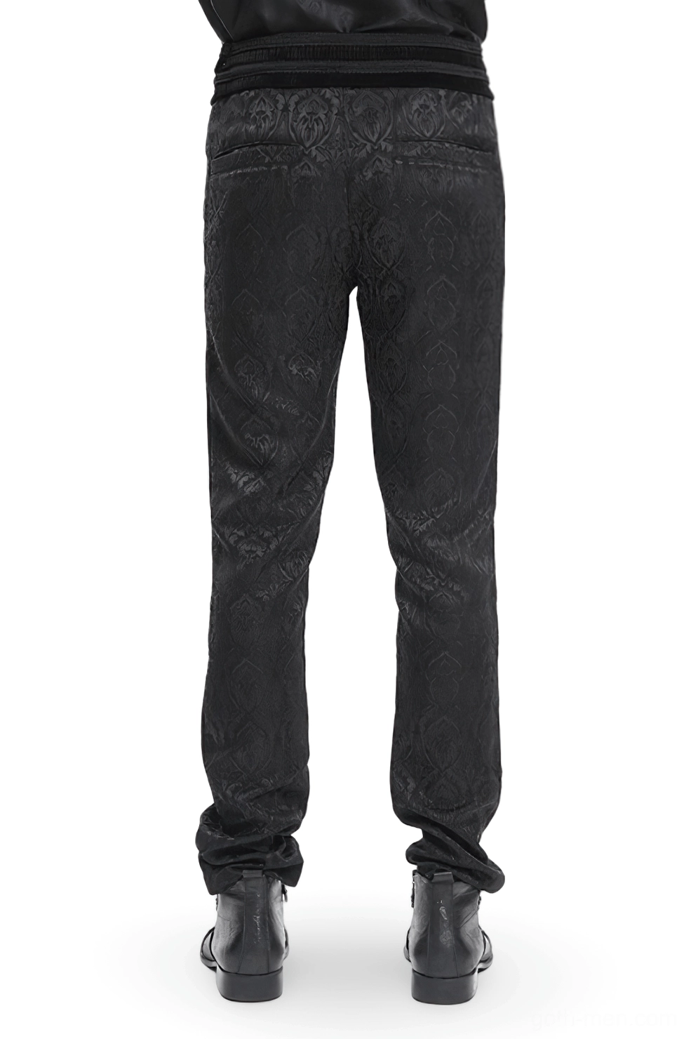 Black Gothic embossed pants rear view, male model displaying back silhouette of slim-fit damask pants with refined tailoring and sleek profile