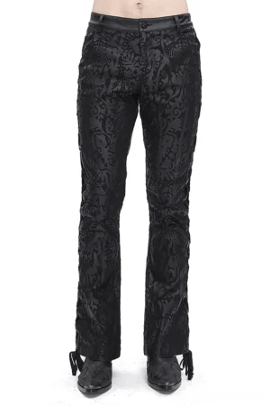 Men's black gothic vintage damask lace-up flared pants front view with ankle drawstrings