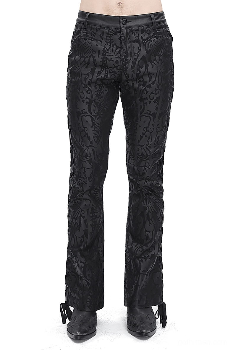 Men's black gothic vintage damask lace-up flared pants front view with ankle drawstrings