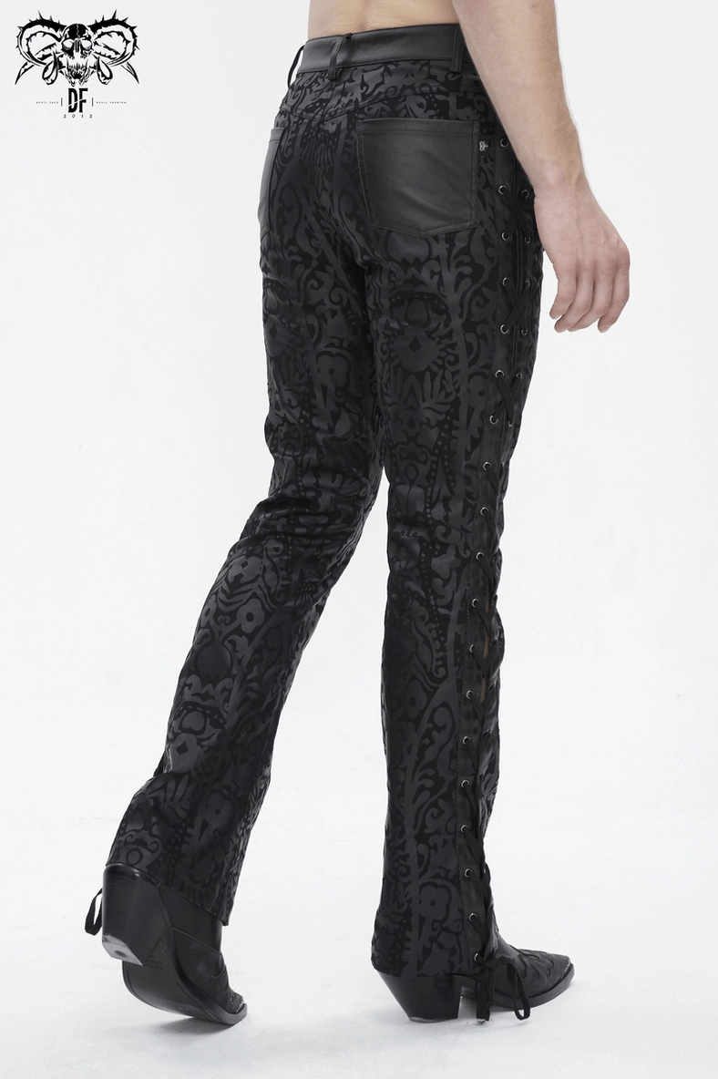 Alternative fashion model wearing black gothic damask lace-up flared pants