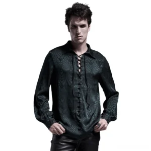 Men's Gothic Damask Lace-Up Jacquard Shirt forest green front view with metal eyelet placket