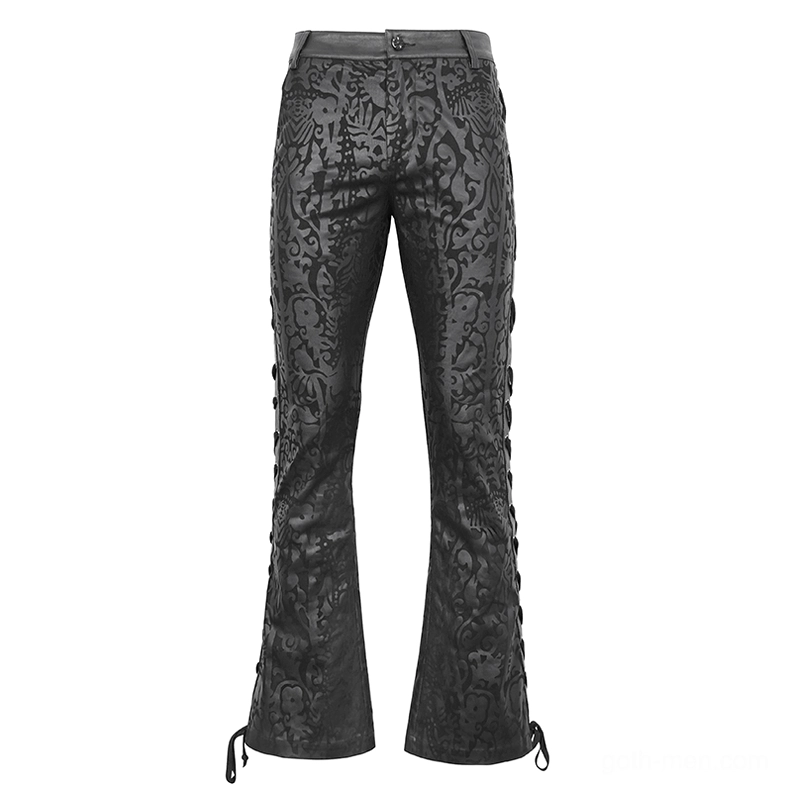 Side profile of men's gothic vintage damask print flared pants with side lace-up details