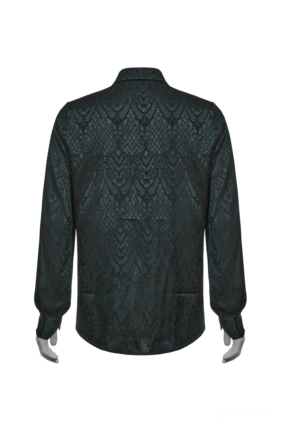 Rear view of Gothic Damask Shirt on mannequin showing full back jacquard print and curved hem design