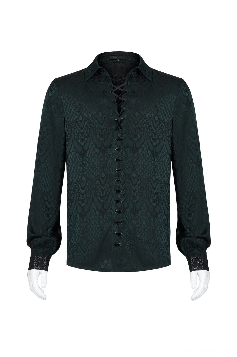 Gothic Damask Jacquard Shirt detail of pointed collar and lace-up front closure with metal hardware