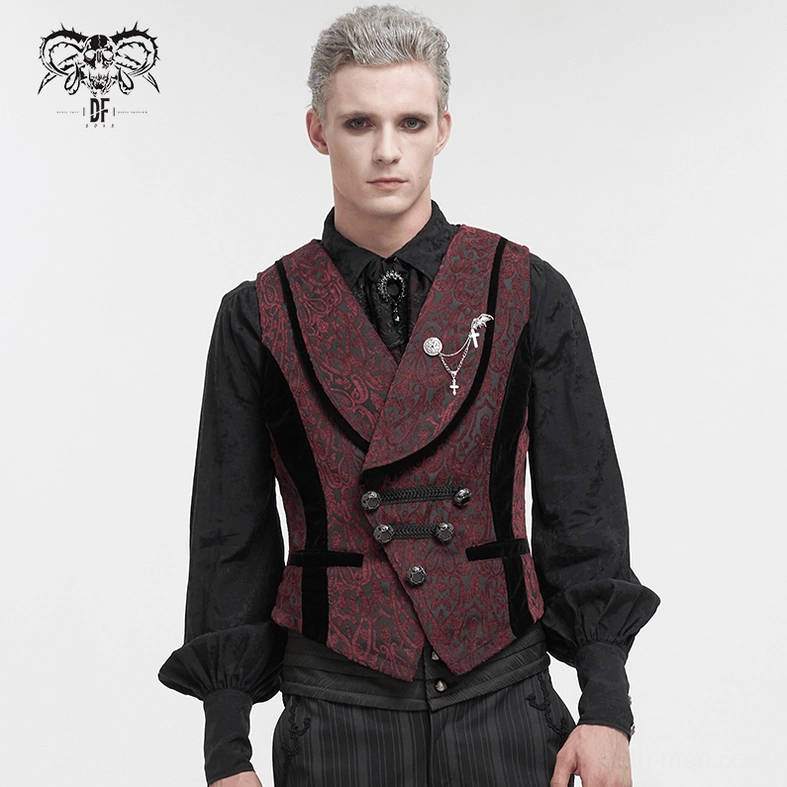 Gothic damask waistcoat styling inspiration showing burgundy damask front with black satin back construction