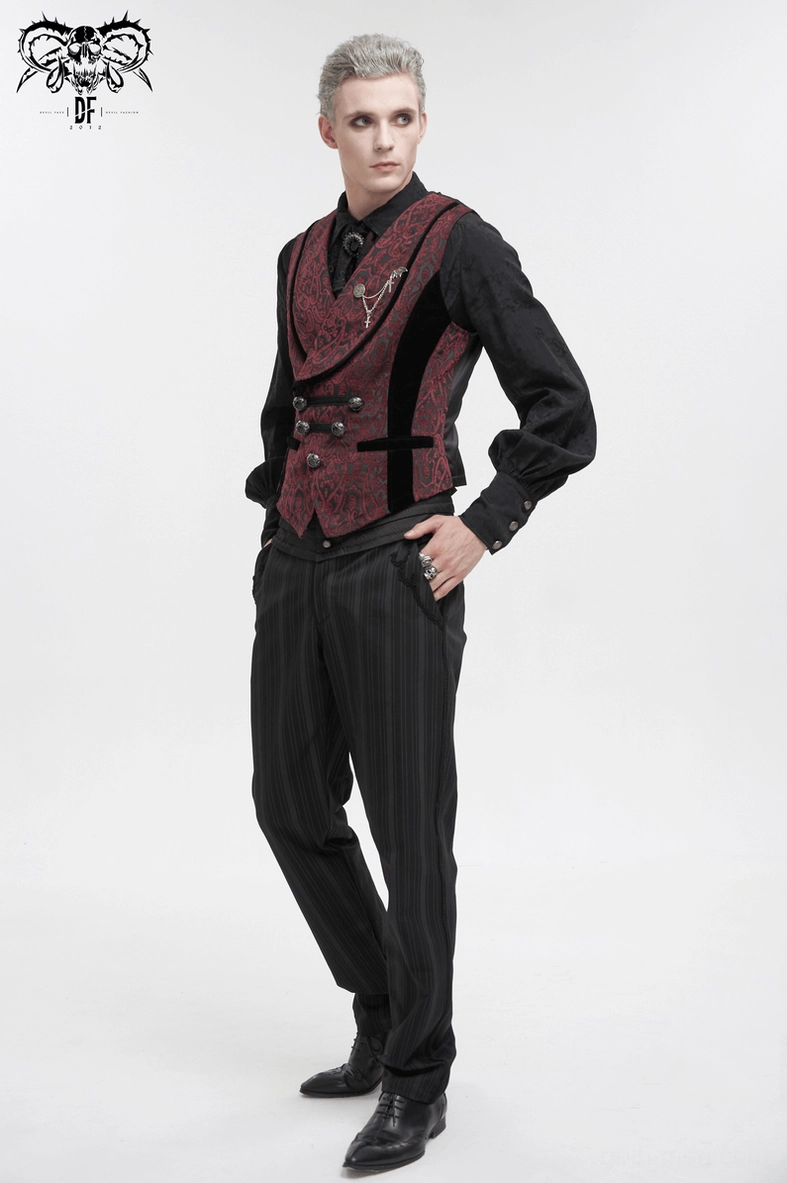 Men's gothic damask waistcoat complete design overview showing burgundy damask, metal buttons, and adjustable back belt system