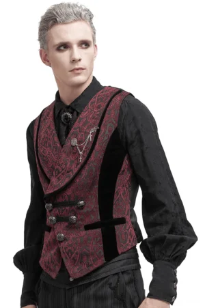 Gothic damask waistcoat front three-quarter view on male model, displaying burgundy damask pattern with velvet trim and double-breasted metal buttons