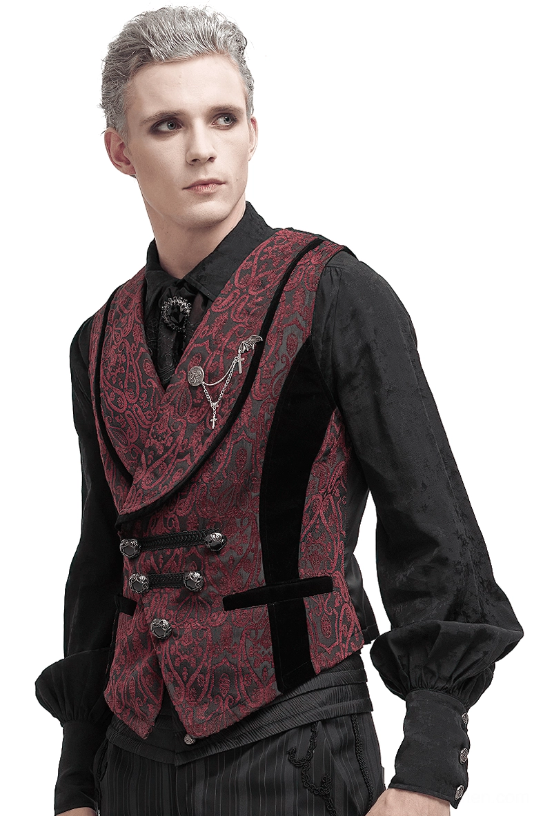 Gothic damask waistcoat front three-quarter view on male model, displaying burgundy damask pattern with velvet trim and double-breasted metal buttons