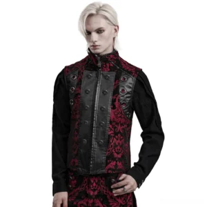 Red and black gothic damask waistcoat with faux leather front panels, worn by male model in studio, front three-quarter view showing stand collar and metal hardware details