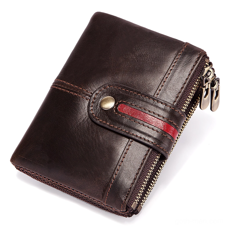 Dark brown gothic leather wallet with red striped metal snap strap and dual compartment zippers