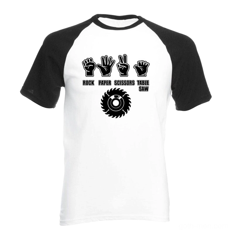 Gothic dark humor graphic raglan tee for men, white body with contrasting colored sleeves, rebellious streetwear design
